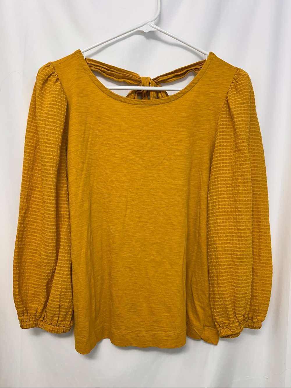 LOFT Mustard Yellow Puff Sleeve Tie Back Top Medium Textured Long Sleeve Blouse